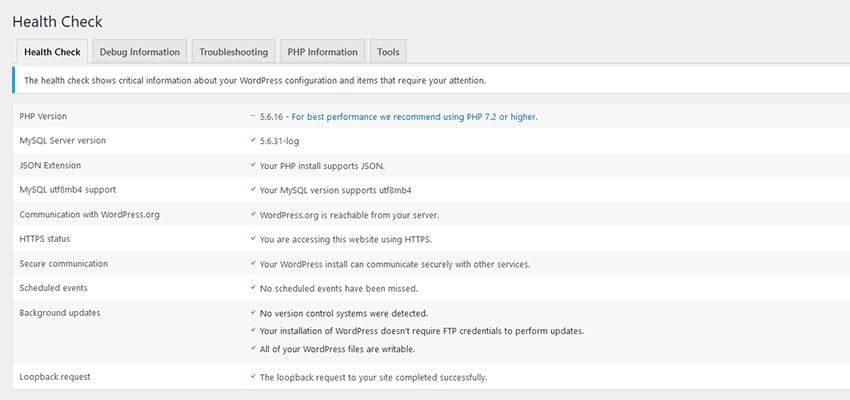 The Health Check screen.
