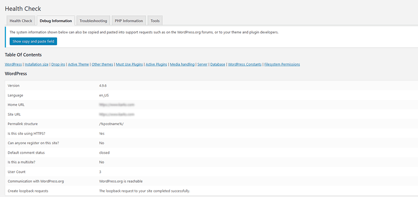 The Health Check Debugging screen.
