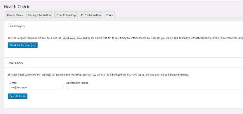 Health Check Tools screen