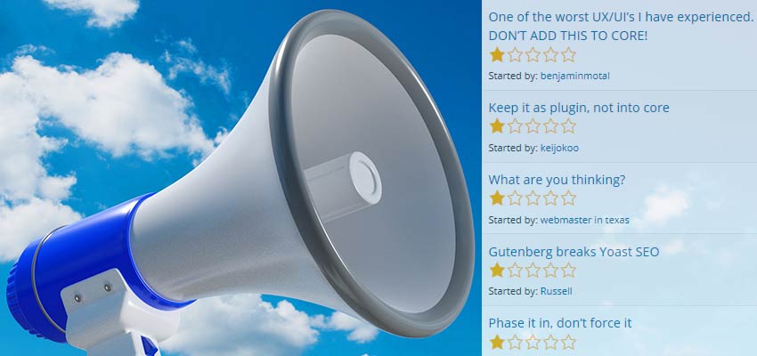 Negative Gutenberg reviews, appropriately next a megaphone.