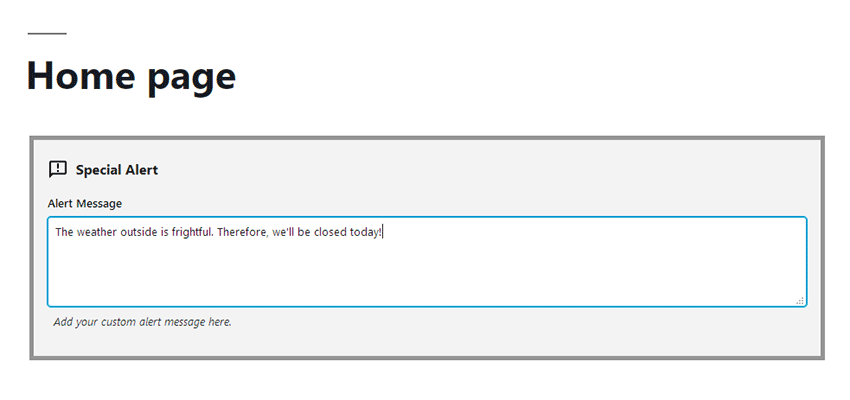 Editing our custom block on a page.