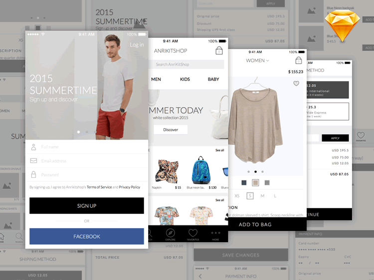 Anri Mobile eCommerce App UI Kit 5 Screens Sketch Format Ghevond Matevosyan