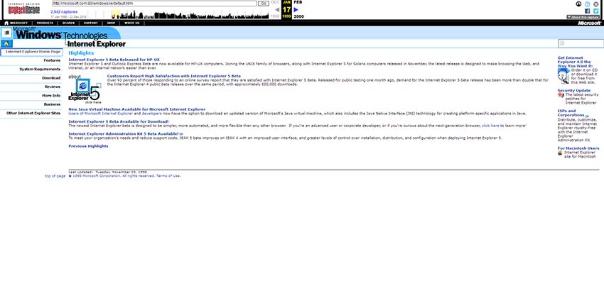 Internet Explorer home page from 1999, as seen on the Internet Archive.