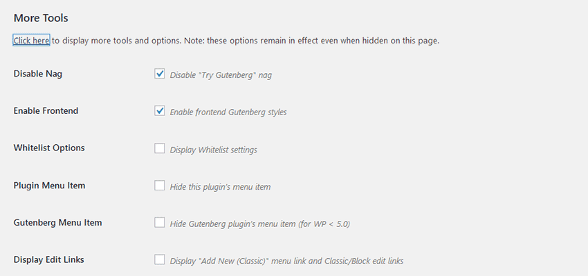 The Disable Gutenberg plugin settings screen.