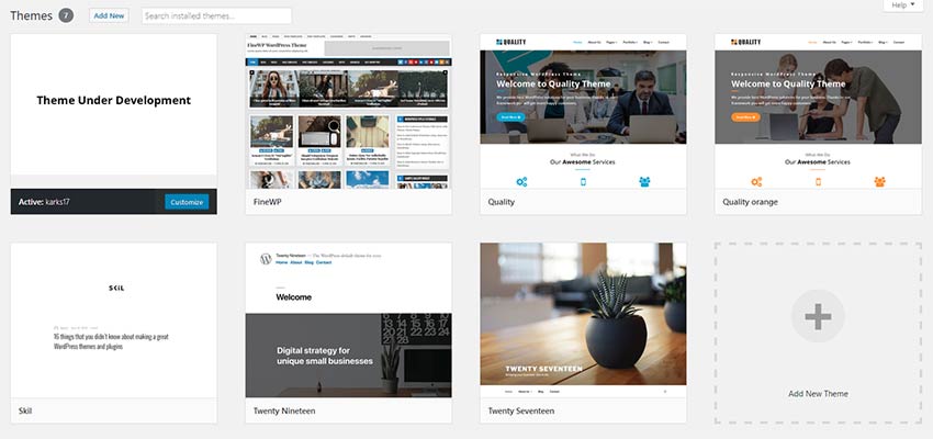 A list of installed WordPress themes.