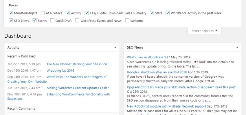 WordPress Screen Options Dialogue.