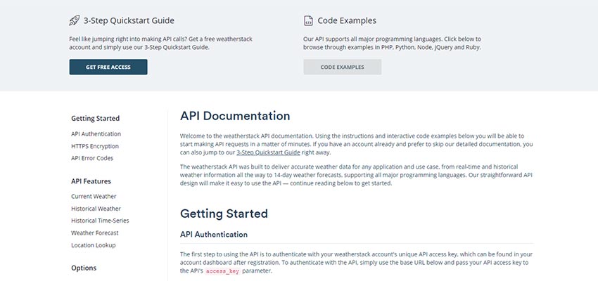 weatherstack API documentation screen.