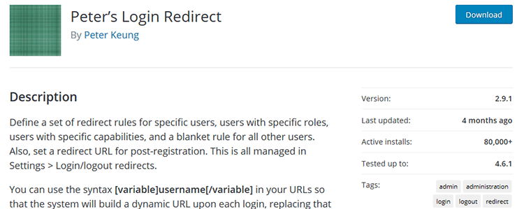 Peters Login Redirect wordpreess plugin free