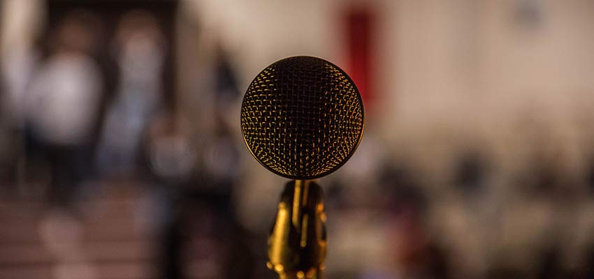 A microphone on a stage.