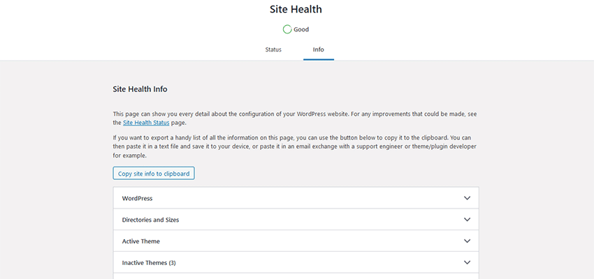 WordPress Site Health screen.