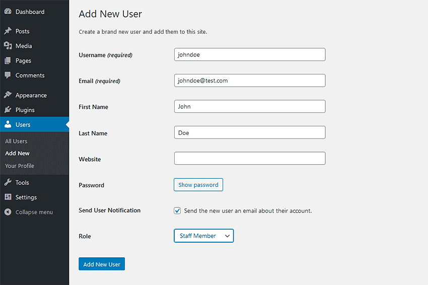 WordPress Add New User screen.