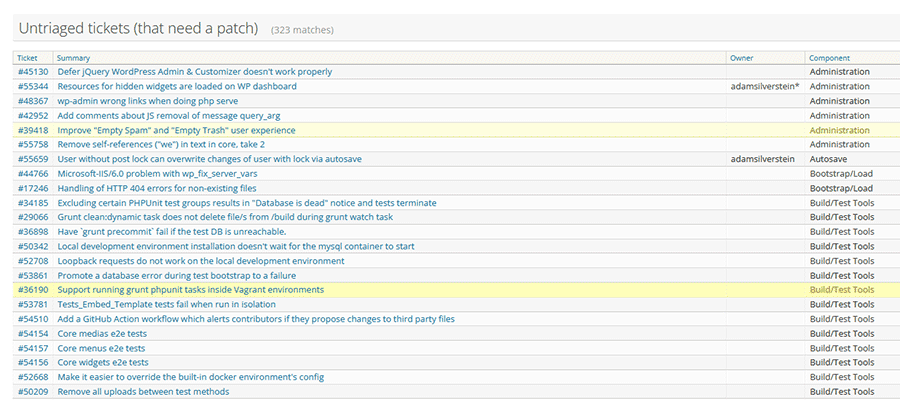 A list of WordPress Trac tickets.