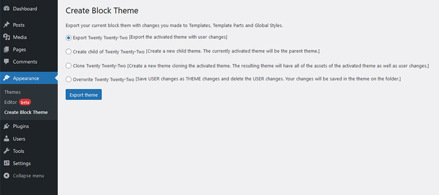 The Create Block Theme options page.