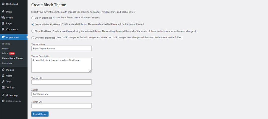 Exporting a child theme using Create Block Theme.