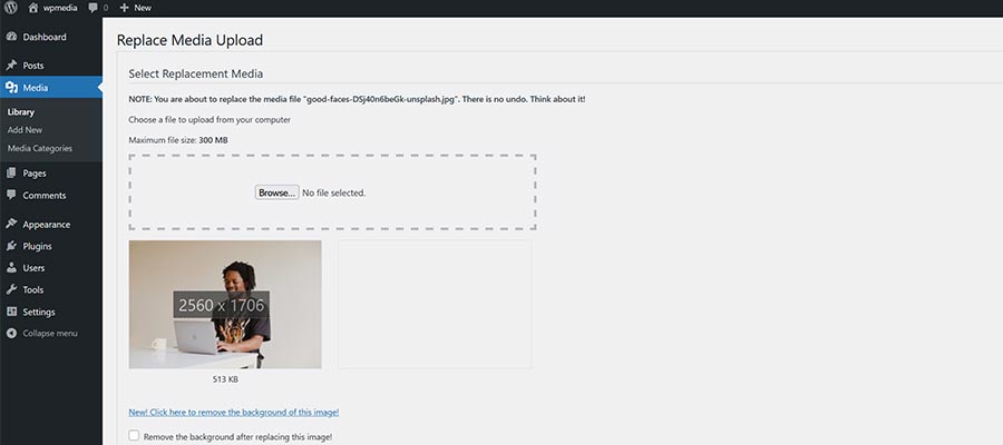 Enable Media Replace allows for overwriting existing files.